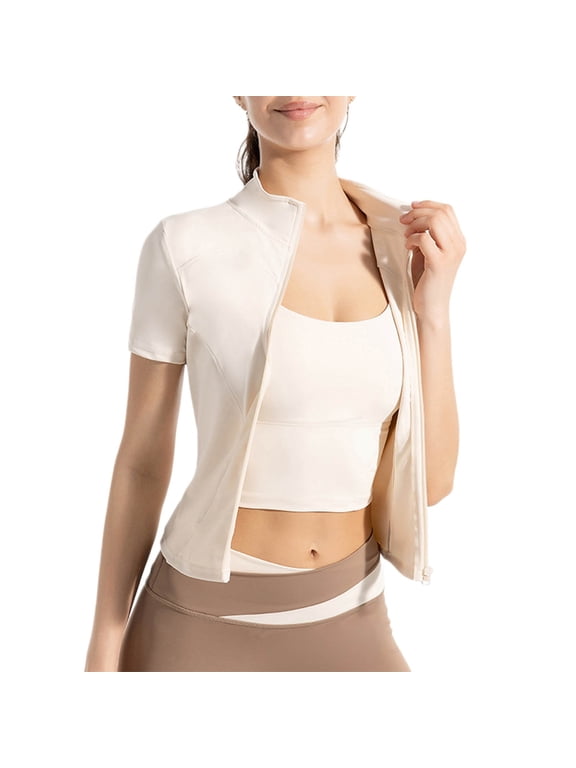 Women's Short Sleeve Slim Fit Workout Jacket Stand-up Collar Full Zip Yoga Athletic Tops Fitness Cropped Shirts