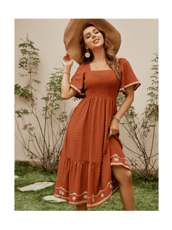 Women's Short Sleeve Smocked Square Neck A Line Summer Flowy Maxi Long Dress