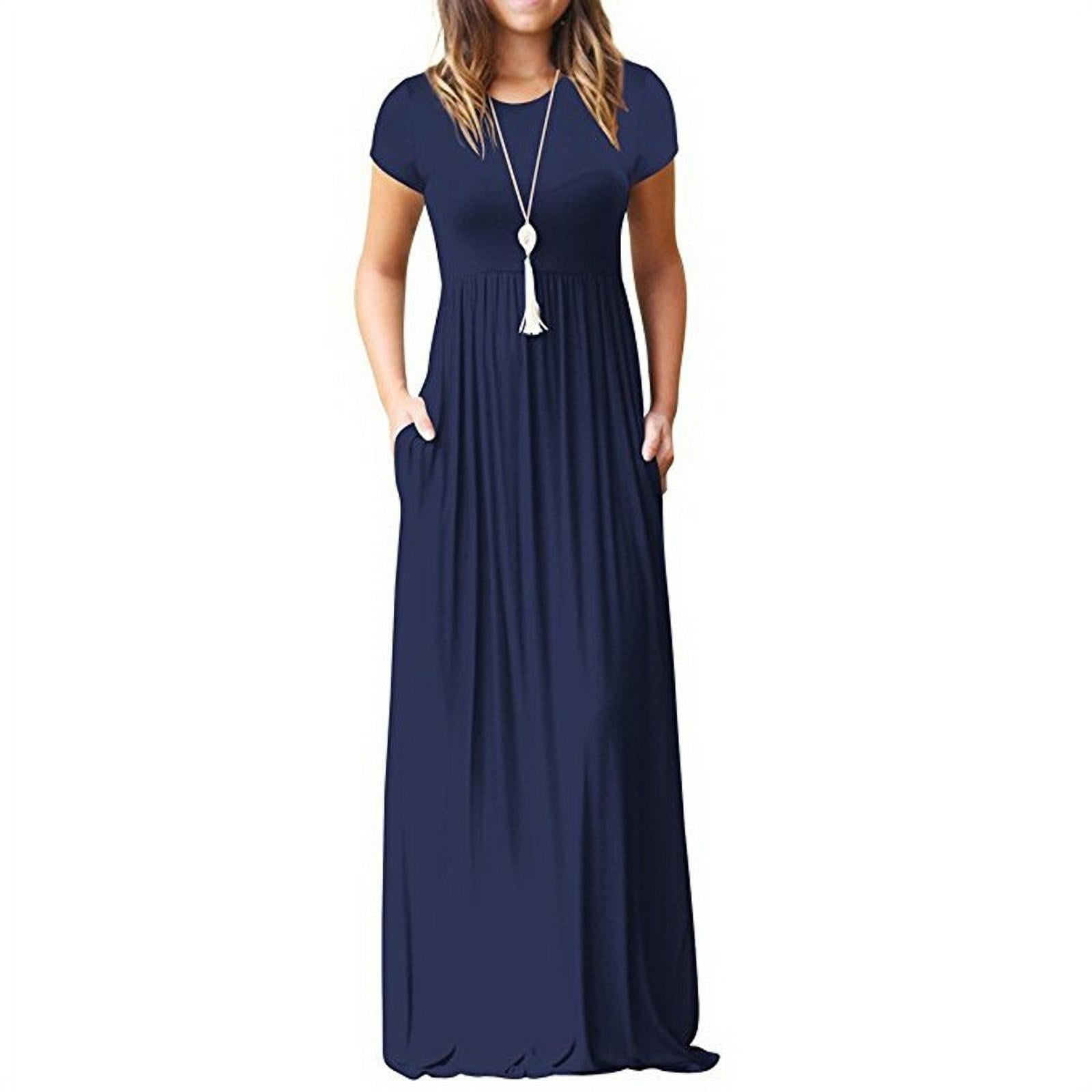 Women's Short Sleeve Solid Color A line Maxi Dress Spring and Summer ...