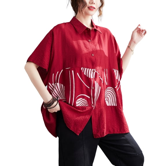 Women's Short Sleeve Solid Color Floral Printed Patchwork Button Down T-Shirts Blouse Shirts GA2665 Red