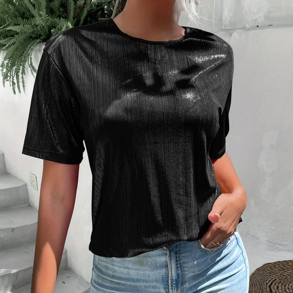 Women's Short Sleeve Sparkly Shirt Casual Loose Crewneck Party Shirts Black XL