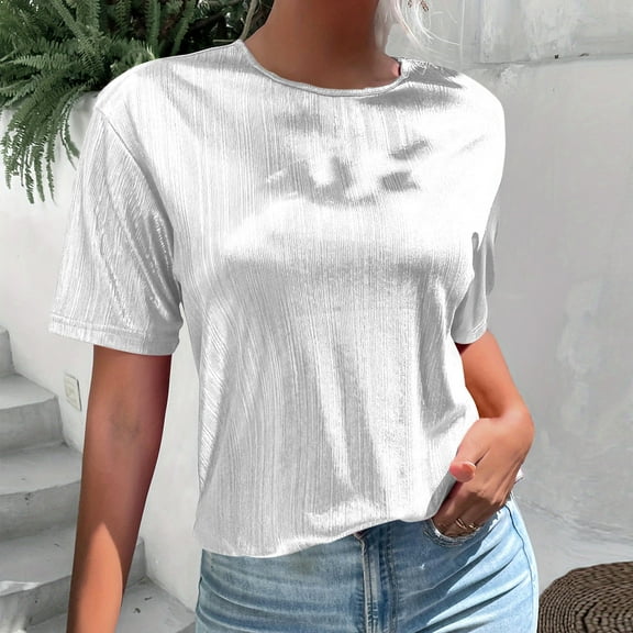 Women's Short Sleeve Sparkly Shirt Casual Loose Crewneck Party Shirts White S