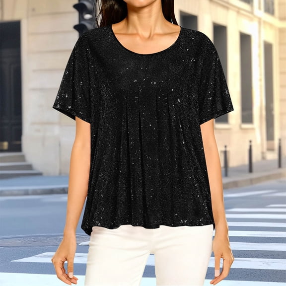 Women's Short Sleeve Sparkly Tops Dressy Casual Loose Fitting Blouses Mesh Pleated Layered Shirt Black S