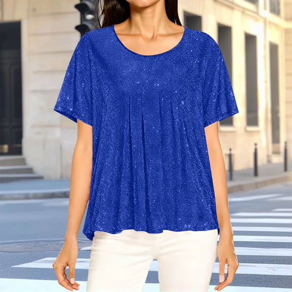 Women's Short Sleeve Sparkly Tops Dressy Casual Loose Fitting Blouses Mesh Pleated Layered Shirt Blue S