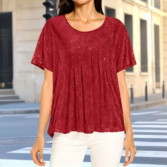 Women's Short Sleeve Sparkly Tops Dressy Casual Loose Fitting Blouses Mesh Pleated Layered Shirt Red L