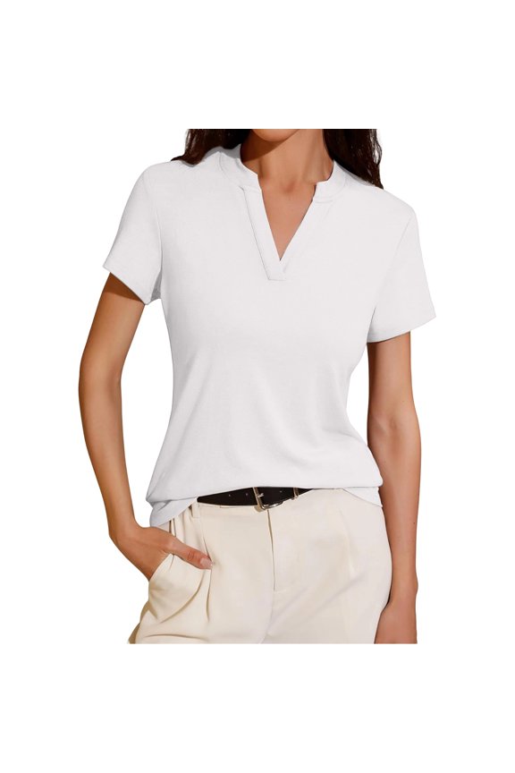 Women’s Short Sleeve Split Neck T Shirt Casual Relaxed Fit Soft Lightweight Top for Daily Wear Office Travel White L