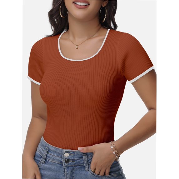 Women's Short Sleeve Square Neck Color Block T Shirt Summer Slim Fit Basic Tee Tops