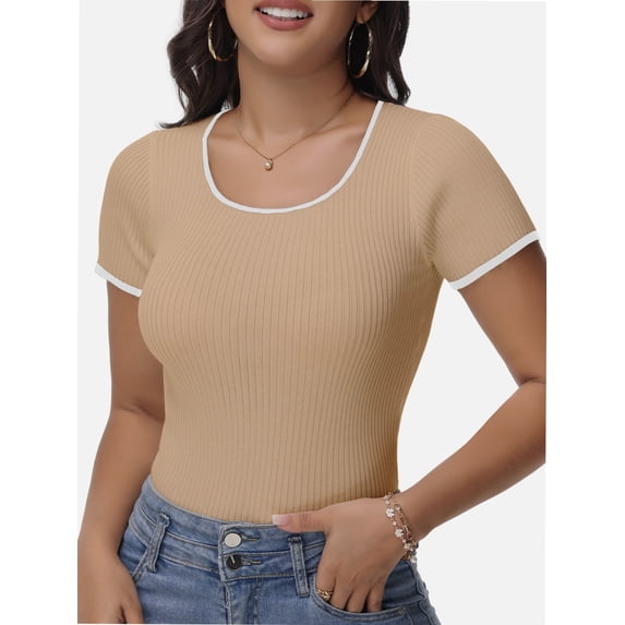 Women's Short Sleeve Square Neck Color Block T Shirt Summer Slim Fit Basic Tee Tops