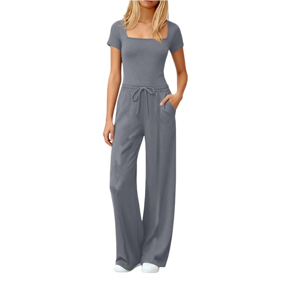 Women’s Short Sleeve Square Neck Jumpsuit with Drawstring Waist and Wide Leg Design for Everyday Wear and Comfort