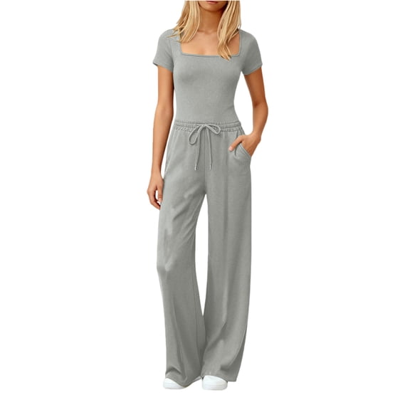 Women’s Short Sleeve Square Neck Jumpsuit with Drawstring Waist and Wide Leg Design for Everyday Wear and Comfort