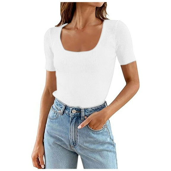 Women's Short Sleeve Square Neck T-Shirt 2025 Summer Slim Fit Ribbed Knit Casual Basic Tee Top Comfortable Stylish Blouse