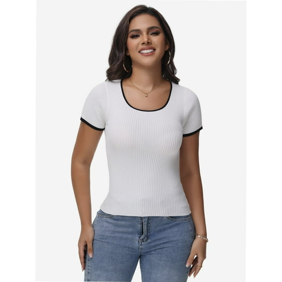 Women's Short Sleeve Square Neck T Shirt Color Block Slim Fit Summer Basic Tee Tops