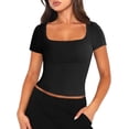 thumbnail image 1 of Women's Short Sleeve Square Neck T-Shirt Slim Casual Basic Crop Top Outing Top, 1 of 5