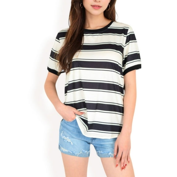 Women's Short Sleeve Striped Casual Tee with Contrast Trim- Black,X Large