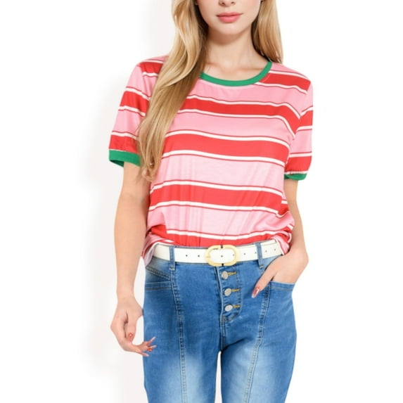 Women's Short Sleeve Striped Casual Tee with Contrast Trim- Fuchsia,Large