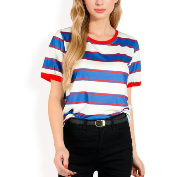 Women's Short Sleeve Striped Casual Tee with Contrast Trim- Red,Medium