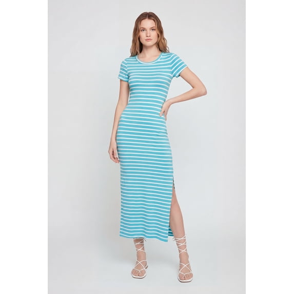 Women's Short Sleeve Striped Dress with Side Slit
