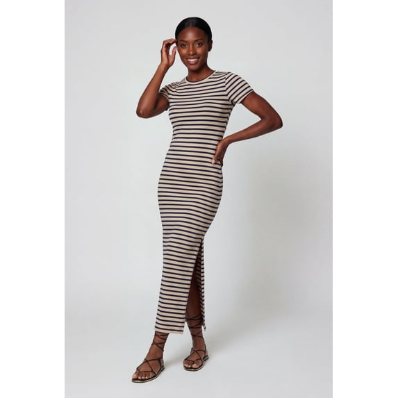 Women's Short Sleeve Striped Dress with Side Slit