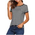 thumbnail image 1 of Women's Short Sleeve Striped Shirt Summer Casual Loose Fit Crewneck T Shirt Basic Pullover Tops Gray, 1 of 6