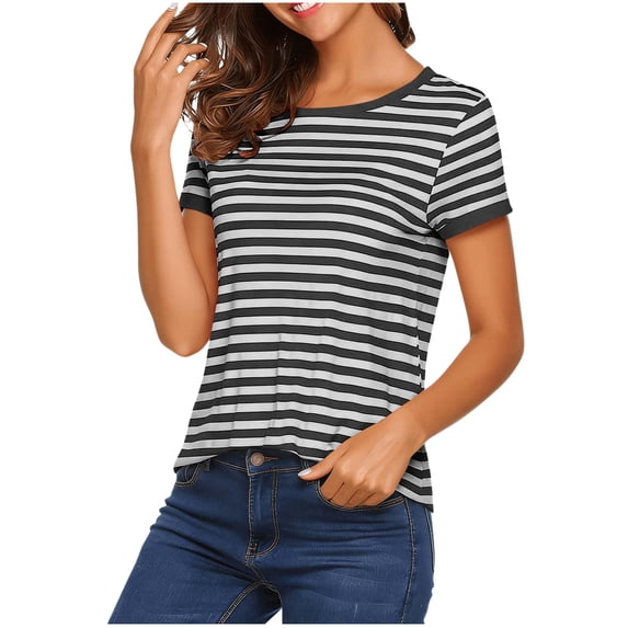Women's Short Sleeve Striped Shirt Summer Casual Loose Fit Crewneck T Shirt Basic Pullover Tops Gray