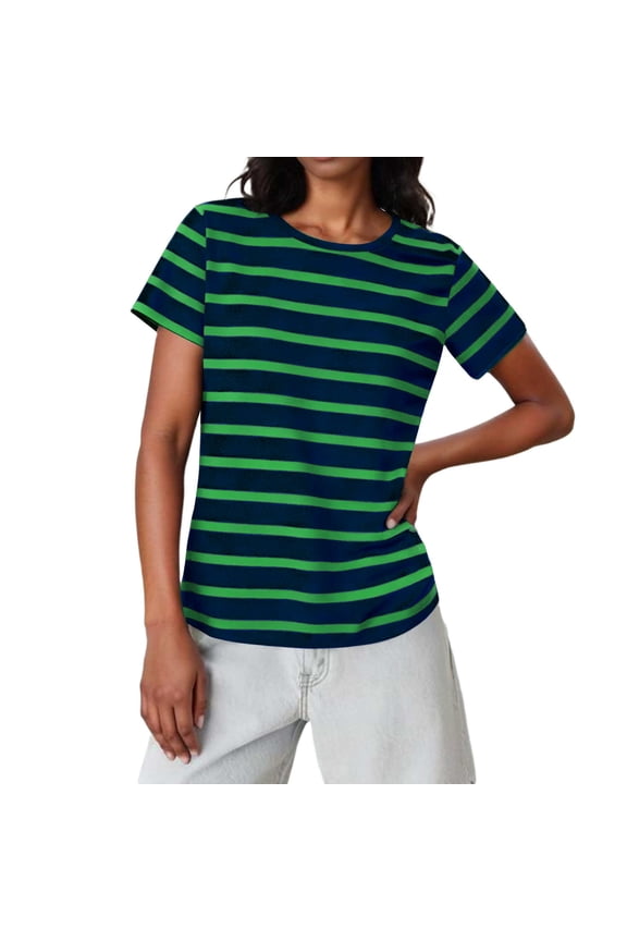 Women's Short Sleeve Striped T-Shirt - Crew Neck Classic Cotton Tee, Loose Fit Casual Comfy Breton Top