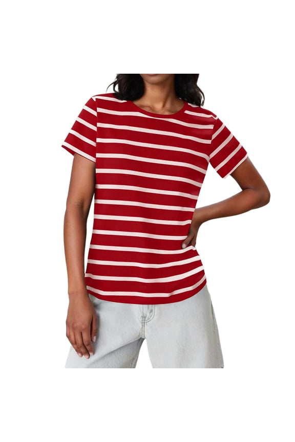 Women's Short Sleeve Striped T-Shirt - Crew Neck Classic Cotton Tee, Loose Fit Casual Comfy Breton Top