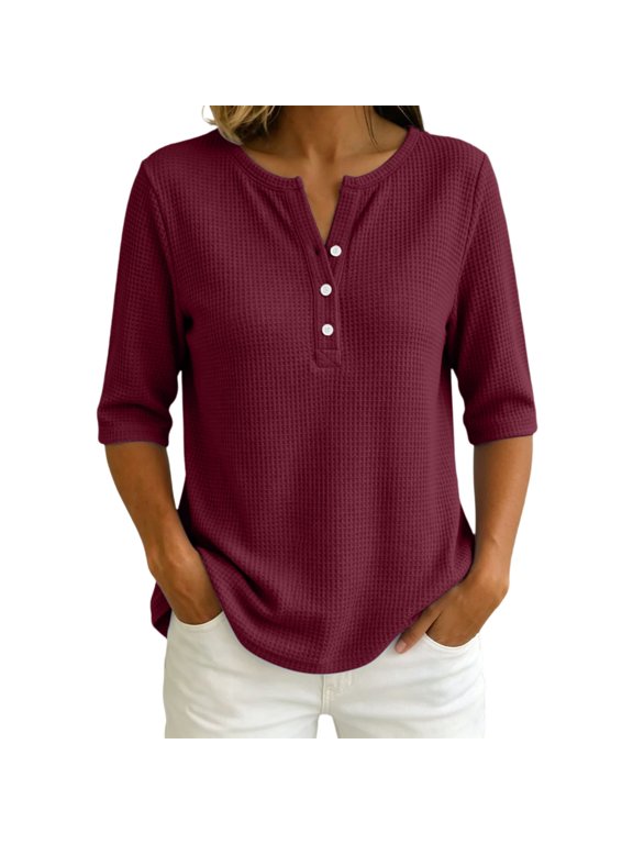 Women's Short Sleeve Structure Breathable Plain Sports Shirt For Tennis Summer Fitness Casual Business Top,Wine,M