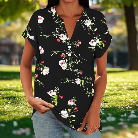 Women's Short Sleeve Summer Blouse With Printed V-Neck Raglan Sleeve And Button Detail