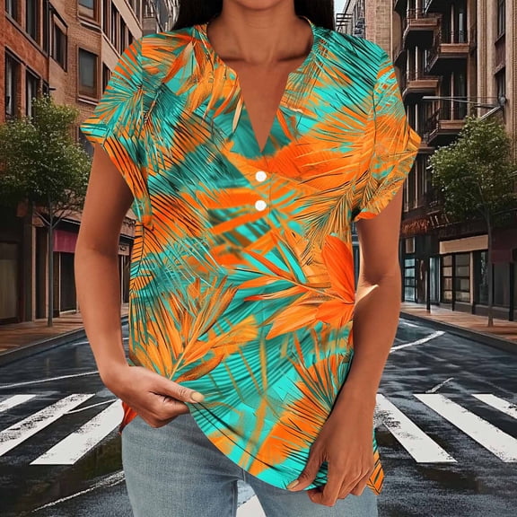 Women's Short Sleeve Summer Blouse With Printed V-Neck Raglan Sleeve And Button Detail