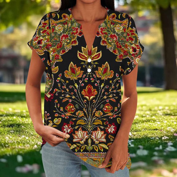 Women's Short Sleeve Summer Blouse With Printed V-Neck Raglan Sleeve And Button Detail