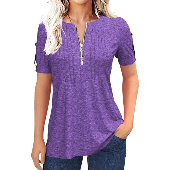 Women's Short Sleeve Summer Casual V-Neck Pleated T-Shirt with Zipper Design Solid Color Top