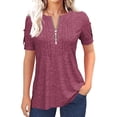 thumbnail image 1 of Women's Short Sleeve Summer Casual V-Neck Pleated T-Shirt with Zipper Design Solid Color Top, 1 of 4