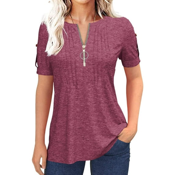 Women's Short Sleeve Summer Casual V-Neck Pleated T-Shirt with Zipper Design Solid Color Top