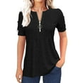 thumbnail image 1 of Women's Short Sleeve Summer Casual V-Neck Pleated T-Shirt with Zipper Design Solid Color Top, 1 of 5