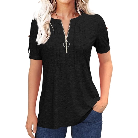 Women's Short Sleeve Summer Casual V-Neck Pleated T-Shirt with Zipper Design Solid Color Top