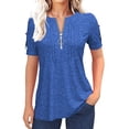 thumbnail image 1 of Women's Short Sleeve Summer Casual V-Neck Pleated T-Shirt with Zipper Design Solid Color Top, 1 of 4