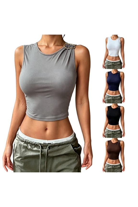 Women's Short Sleeve Summer Fashion Round Neck Basic Slim Fit Sleeveless Camisole Top Shirt with Strings M