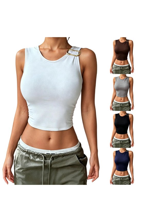 Women's Short Sleeve Summer Fashion Round Neck Basic Slim Fit Sleeveless Camisole Top Shirt with Strings M
