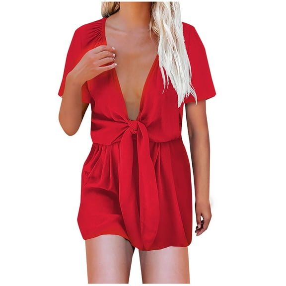 Women's Short Sleeve Summer Romper Tie Knot Front Deep V Neck Sexy Jumpsuit Belted High Waist Wide Leg Romper Shorts
