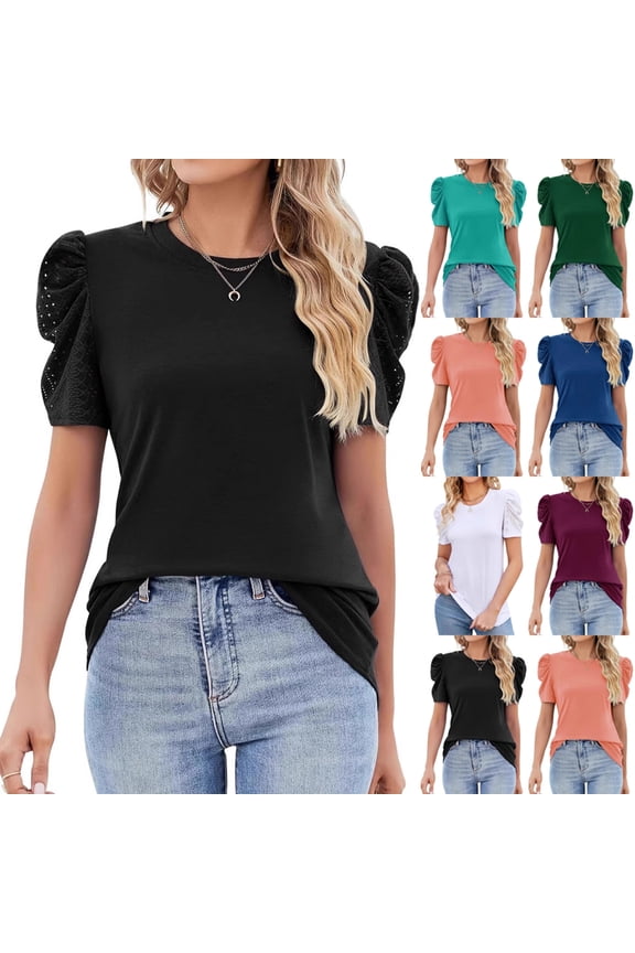 Women's Short Sleeve Summer Top Crewneck Pleated Puff Sleeve Blouse Ribbed Casual Shirts,Black XXL