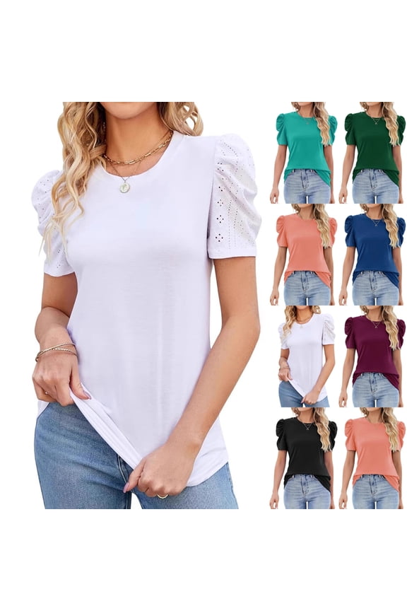 Women's Short Sleeve Summer Top Crewneck Pleated Puff Sleeve Blouse Ribbed Casual Shirts,White S