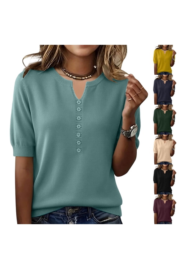 Women's Short Sleeve Sweater 2026 Spring Summer Tops Lightweight Casual V Neck Sweaters Dressy Work Blouses Clothes Black M