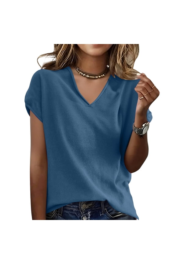 Women's Short Sleeve Sweater 2026 Spring Summer V Neck Lightweight Knit Pullover Tops Business Dressy Casual Blouses Blue XXL
