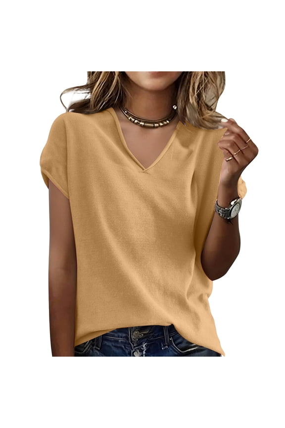Women's Short Sleeve Sweater 2026 Spring Summer V Neck Lightweight Knit Pullover Tops Business Dressy Casual Blouses Camel XXL