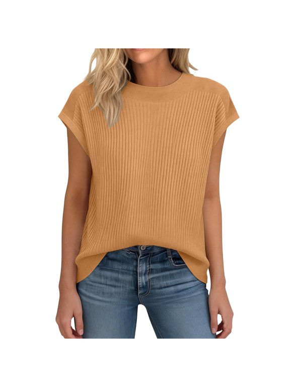 Women's Short Sleeve Sweater Vest Crew Neck Lightweight Pullover Tank Tops Casual Trendy Slim Fitted Blouse 2026 Camel 2XL