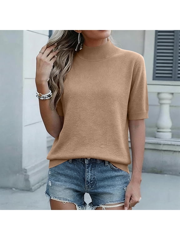 Women's Short Sleeve Sweater Vest Mock Turtle Neck Lightweight Pullover Tank Tops Casual Trendy Slim Fitted Blouse Camel S