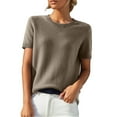 thumbnail image 1 of Women's Short Sleeve Sweaters Crew Neck Solid Color Pullover Sweater Lightweight Soft Knitted T-Shirt Tops Khaki XXL, 1 of 8