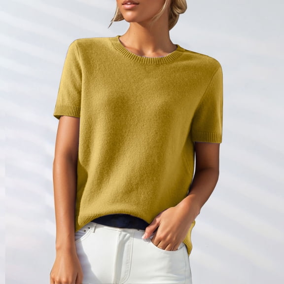 Women's Short Sleeve Sweaters Crew Neck Summer Sweater Loose Fit Knit Knit Sweater Blouse Shirts Blouses Knit Shirts Pullover Tops T Shirts Sweater Lightweight Soft Knitted T-Shirt Yellow L