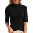 thumbnail image 1 of Women's Short Sleeve Sweaters Dressy Casual Mock Turtleneck Shirt Highly Stretchy Ribbed Knit Fitted Top Blouses Black L, 1 of 9