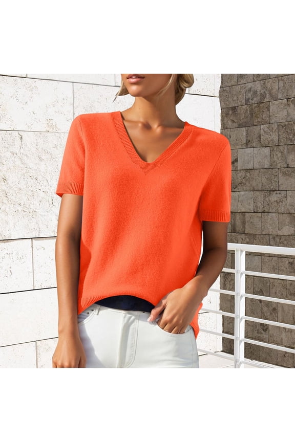 Women's Short Sleeve Sweaters Pullover Sweater Lightweight Soft Knitted T-Shirt Summer Sweater Loose V Neck Tops Sweater Shirts Knit Shirts Pullover Tops T Shirts Sweater Loose Fit Knit Orange L